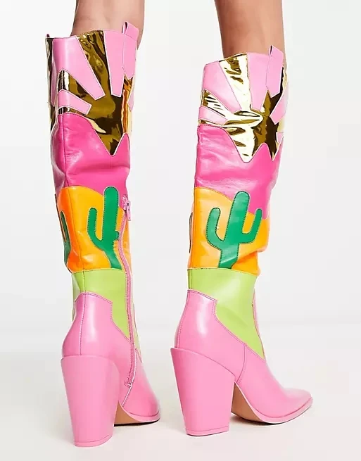 2023 Patchwork  Western Women Cowboy Boots Leather Knee High Shoes  Pink Cowgirl Pointed Toe Boots Cosplay Shoes 44