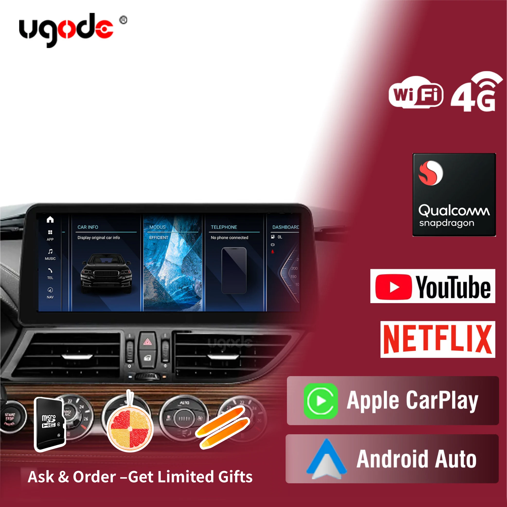 Ugode Android13 Car Stereo for BMW Z4 E89 Snapdragon 680 Wireless Apple CarPlay Touchscreen with GPS/Bluetooth/Multimedia Player