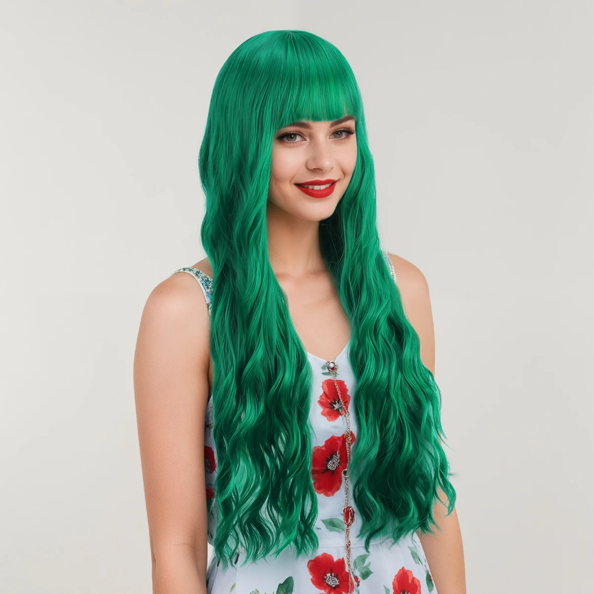 غرة أوروبية وأمريكية، شعر مجعد طويل، شعر طويل مموج بالماء الأخضر، غطاء رأس كامل من الألياف الاصطناعية
