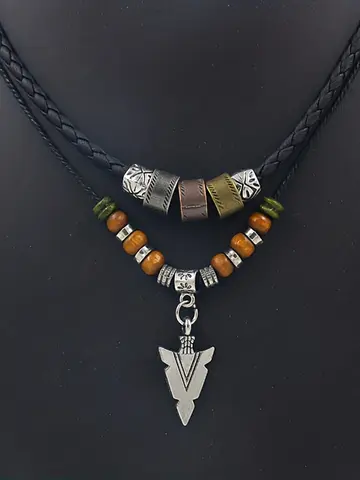 Stacked Artificial Leather Rope Beaded Necklace Men Vintage Layered Tribal Arrow Pendant Necklace For Men Jewelry Collar Hombre