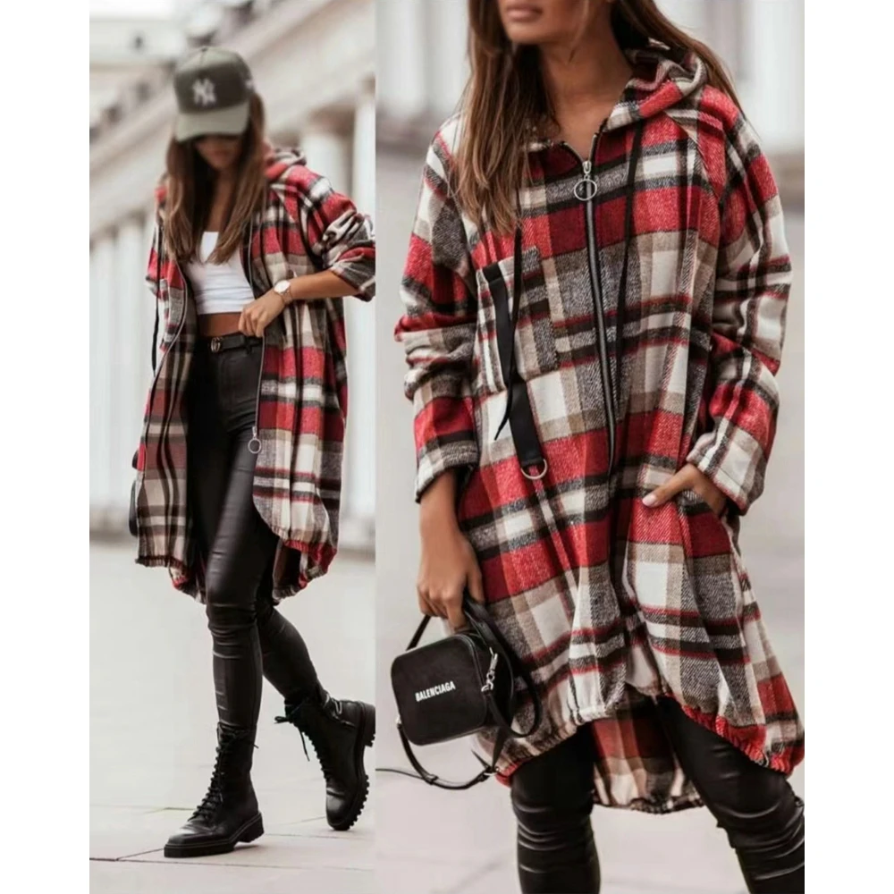 

Autumn Women Plaid Print Zipper Pocket Design Hooded Oversized Longline Shacket Femme Long Sleeve Coat Elegant Office Outfits