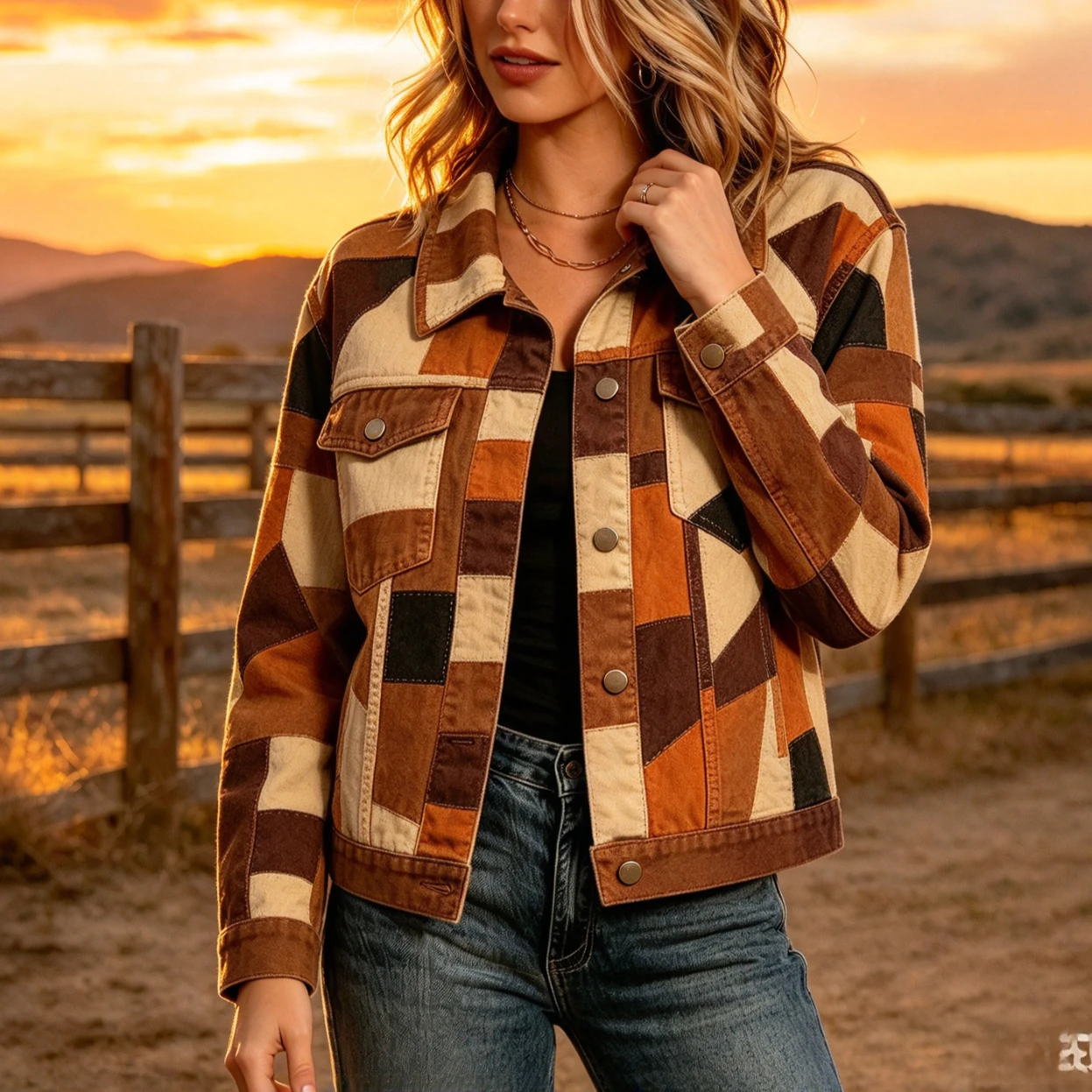 Women Vintage Geometric Print Cropped Jacket Cotton Lapel Button Down Trucker Jacket Long Sleeve Pockets Western Style Outerwear