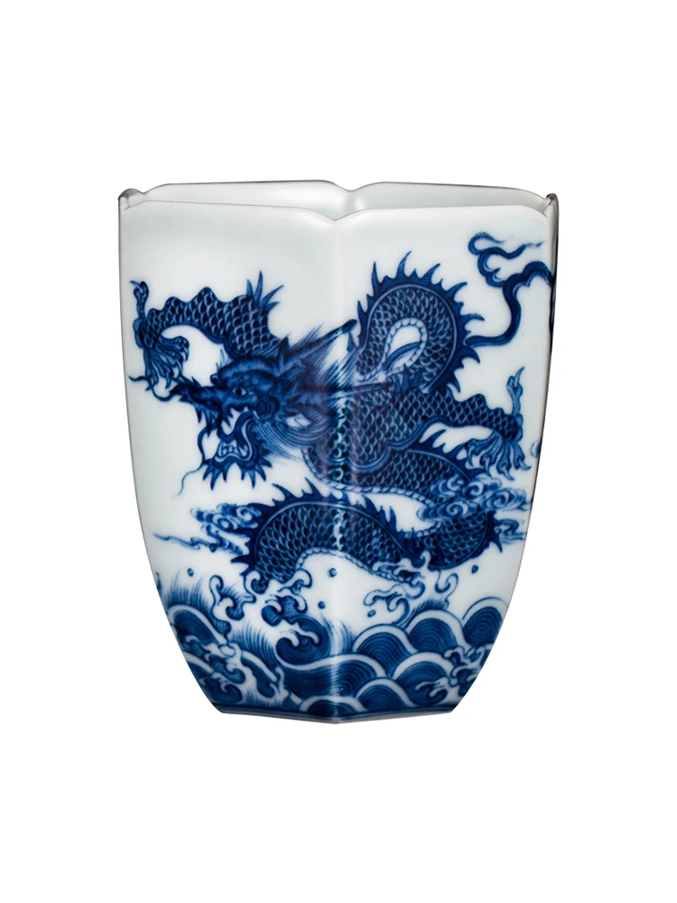 Zhongjia Jingdezhen Ceramic Firewood Kiln Blue And White Hand Painted Fish Leaping Dragon Gate Hexagonal Master Cup