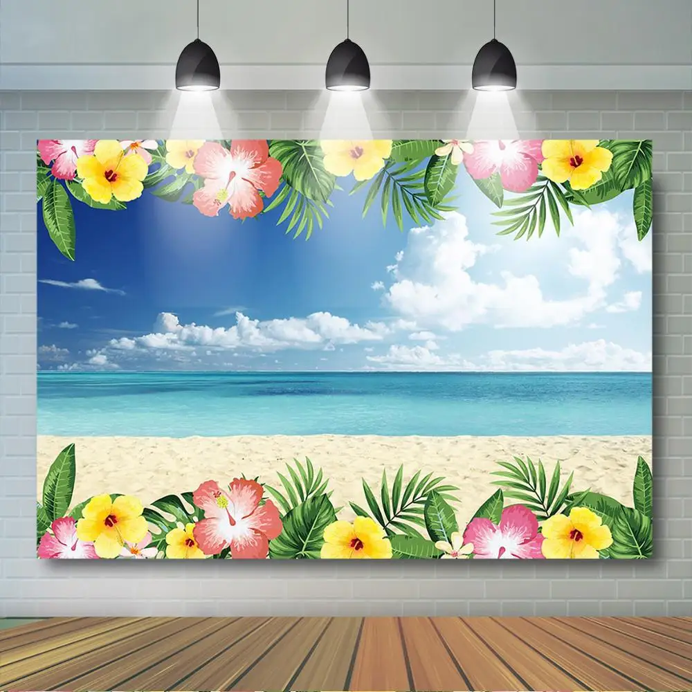 Fondo de playa de verano Mocsicka, pancarta de fiesta hawaiana con flores tropicales, cielo azul, nube blanca, decoración hawaiana, telón de fondo de vacaciones