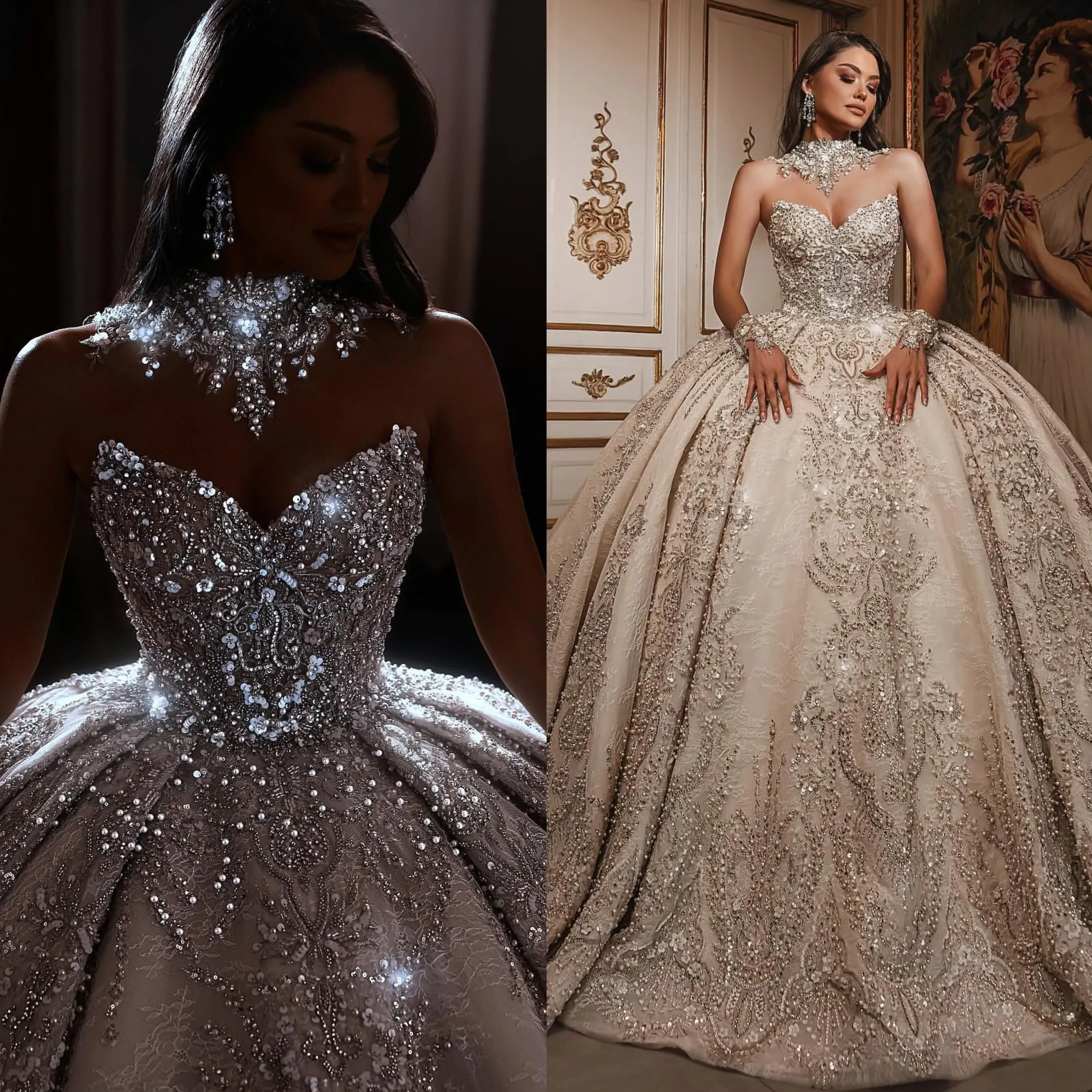 

Gorgeous Crystal Ball Gown Wedding Dress Beaded High Neck Vintage Wedding Dresses Sweep Train Customized Bridal Gowns
