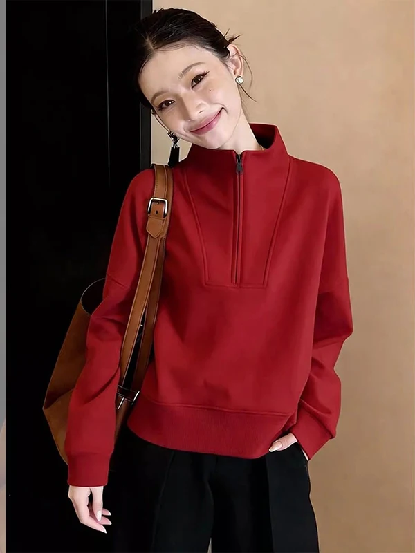 

Модная красная женская толстовка на молнии с воротником-стойкой, свободного кроя, для похудения, весна-осень, повседневная, дышащая, однотонная