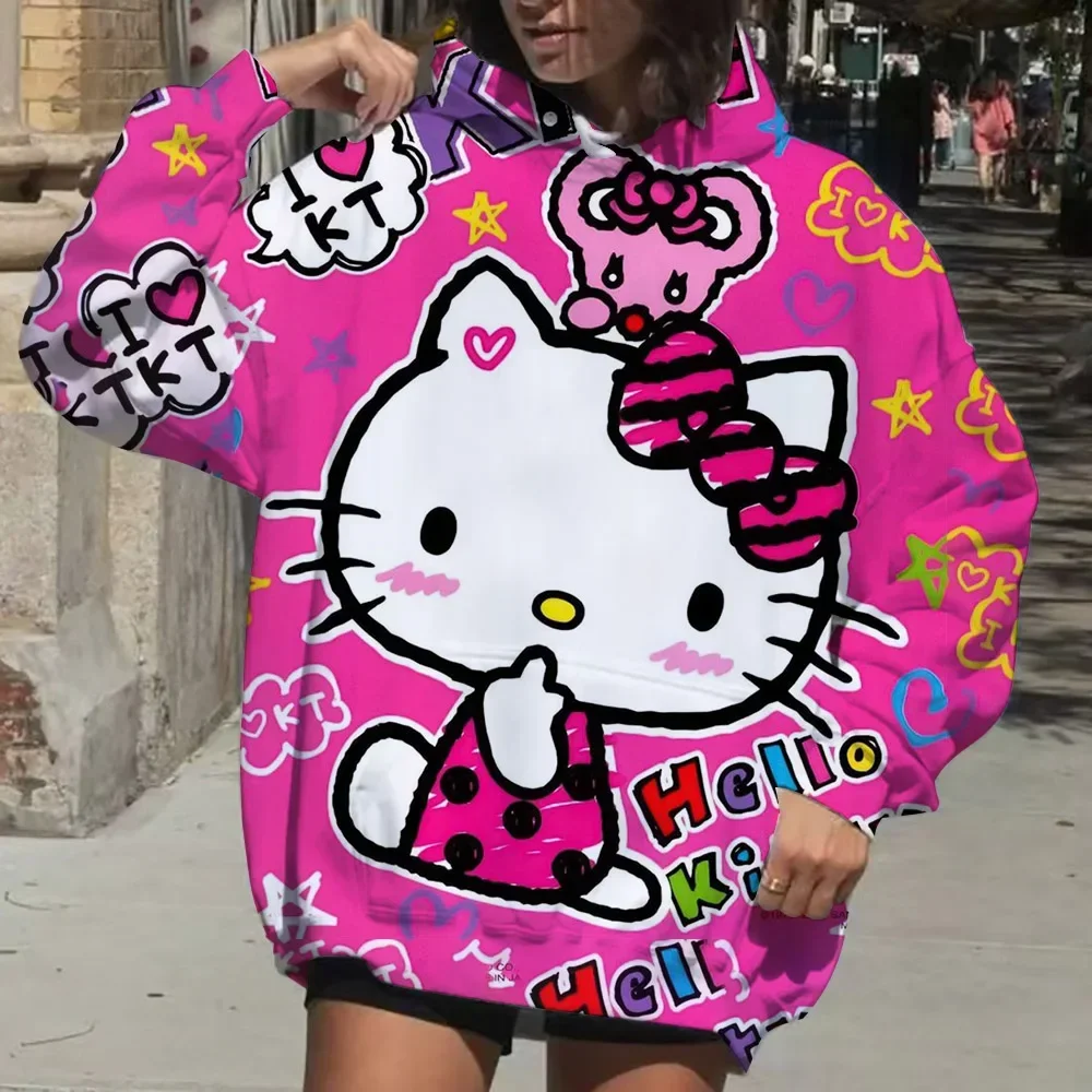 

Hello Kitty Толстовка с бантом в горошек Женская розовая полосатая толстовка Y2K Harajuku Свободный модный пуловер Топ Женская уличная одежда