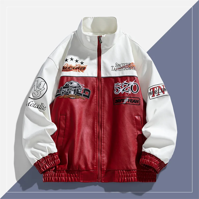 

Кожаная куртка мужская байкерская куртка с вышивкой букв мужская модная гоночная куртка мешковатая свободная весенне-осенняя ветровка верхняя одежда красный 2025