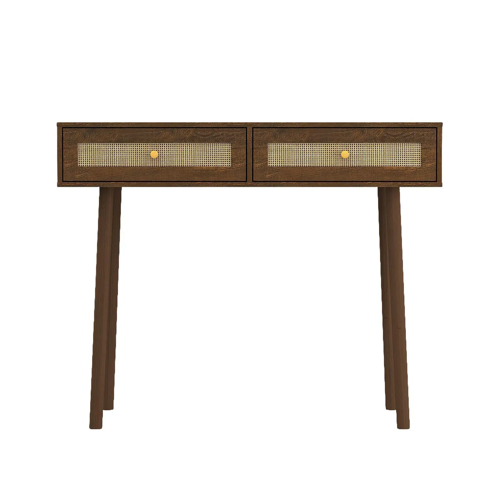 Bohemian Walnut Vanity Table, 2 Full-Extension Rattan Drawers with Metal Glides