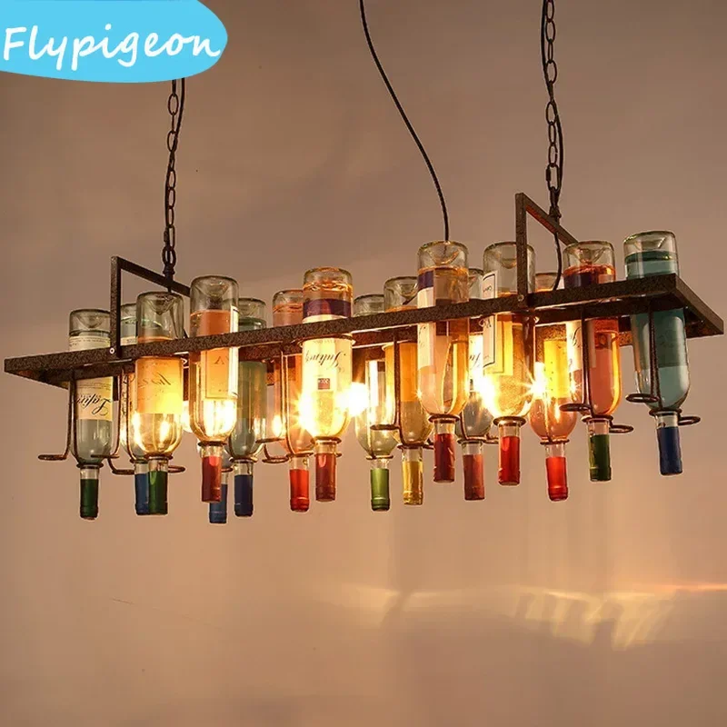 

American Retro Rust Metal Wine Bottle Glass Chandelier LED Pendant Lamp Lights for Restaurant Coffee Shop Bar Decor Lighting