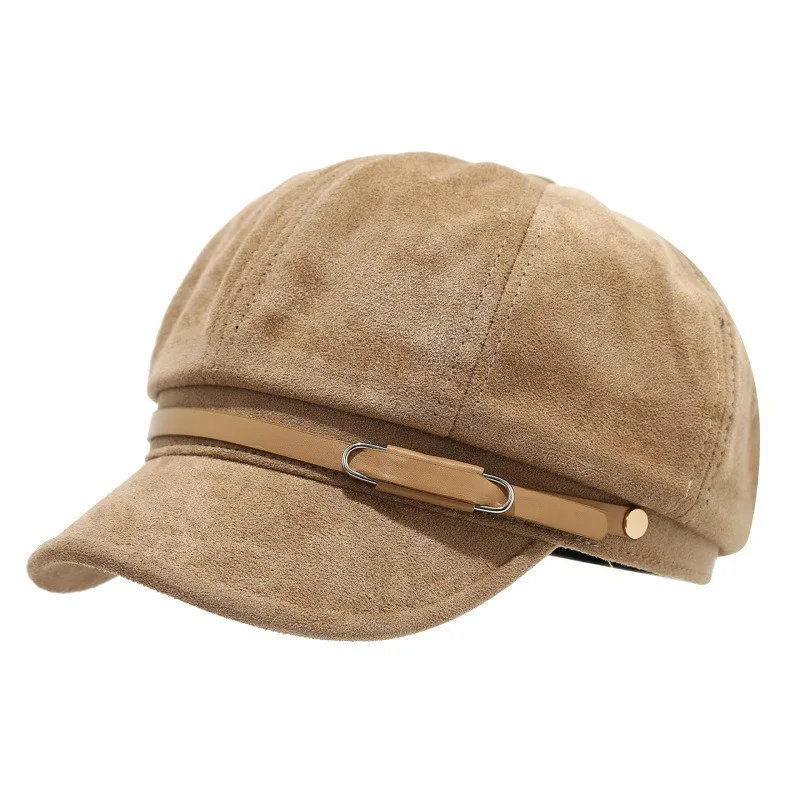 Women Autumn Winter Soft Texture Octagonal Beret Smart Safety Pin Buckle Newsboy Hat, Face Flattering Painter Cap for Daily Wear