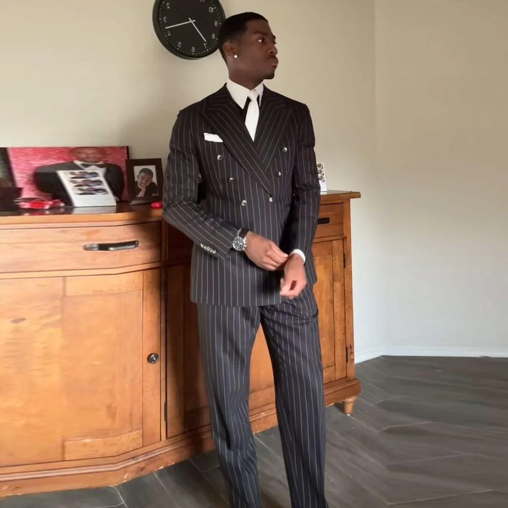 

Black Stripe Men Suits Peak Lapel High Quality Double Breasted Special Occasion 2 Pieces Jacket Pant Male Clothing Fashion