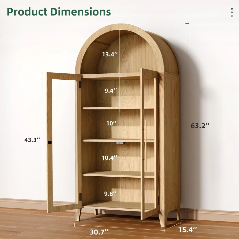 Elegant Arched Display Cabinet, 5-Tier Arched Bookcase with Glass Doors & Adjustable Shelves(Size: 63