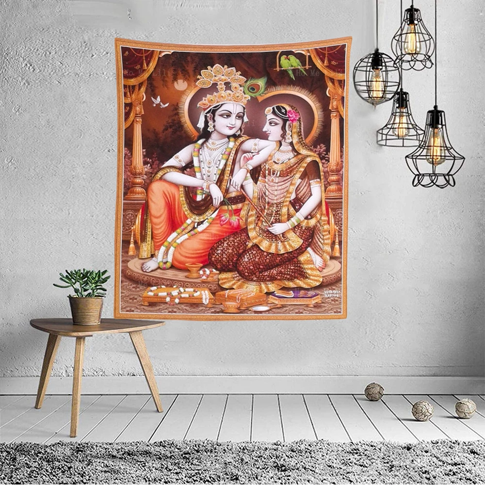 Lord Krishna With Radha And Cow Calf Colorful Rare Religious Hindu Gods Tapestry By Ho Me Lili For Designer Room Accessories