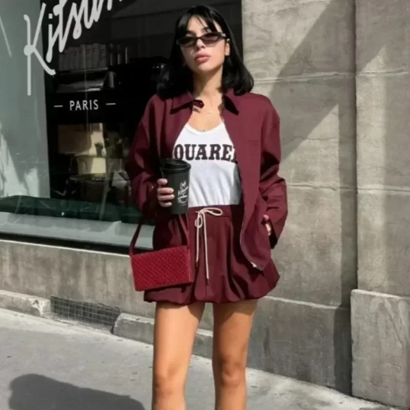 Trendix Vintage Burgundy Jacket For Women 2024 Autumn Winter Street Basic Casual Long Sleeve Coats Femme Retro Commuting Jackets