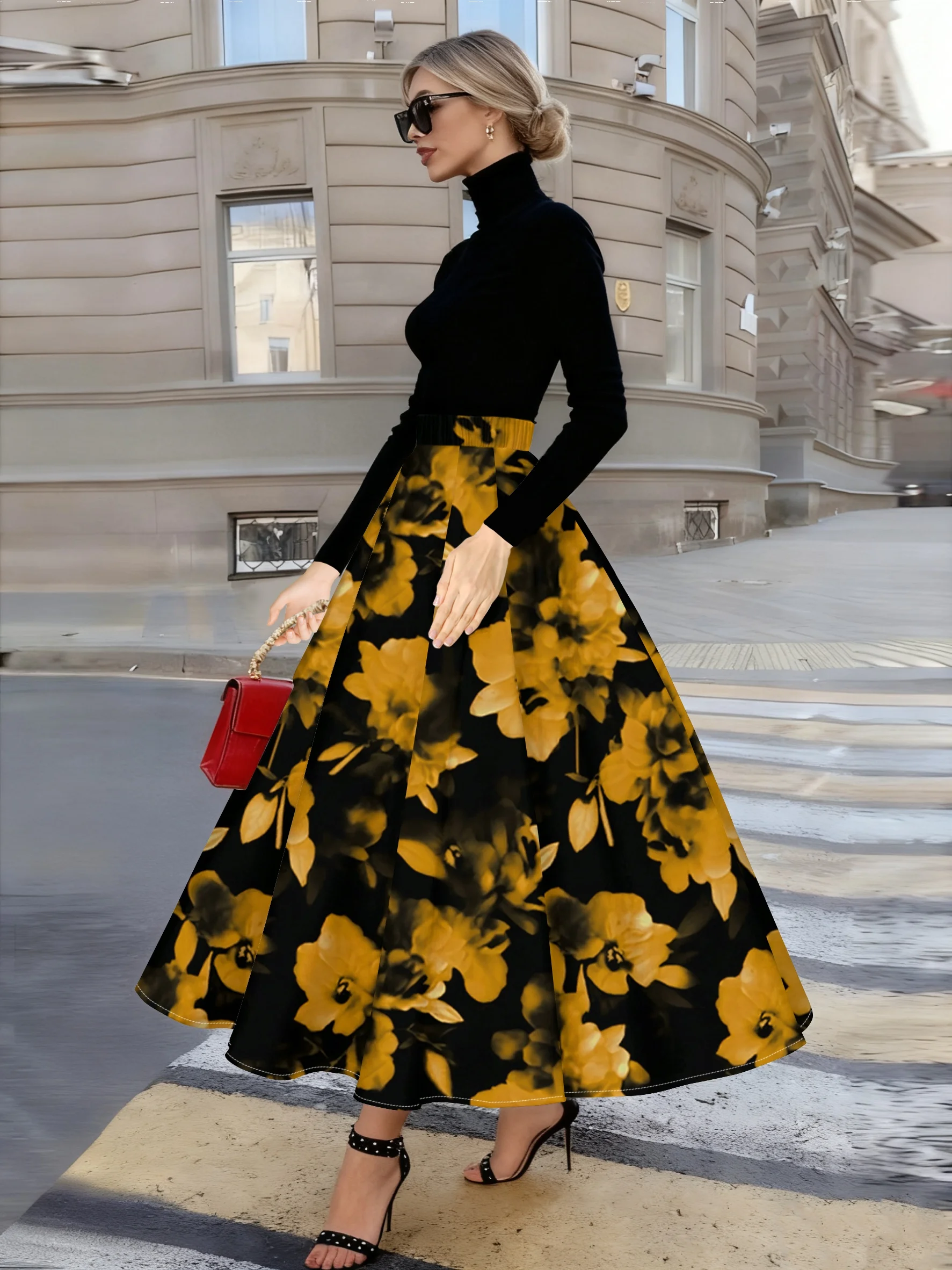 Printed Design Four Seasons casual style Black And Yellow Floral Pattern pencil skirt