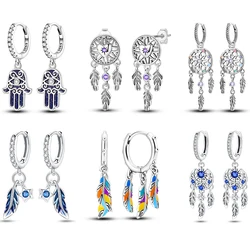 Real 925 Sterling Silver Palm Devil's Eye Feather Dream Catcher Design Luxury Earrings Fit For Engagement Fine Jewelry Gifts