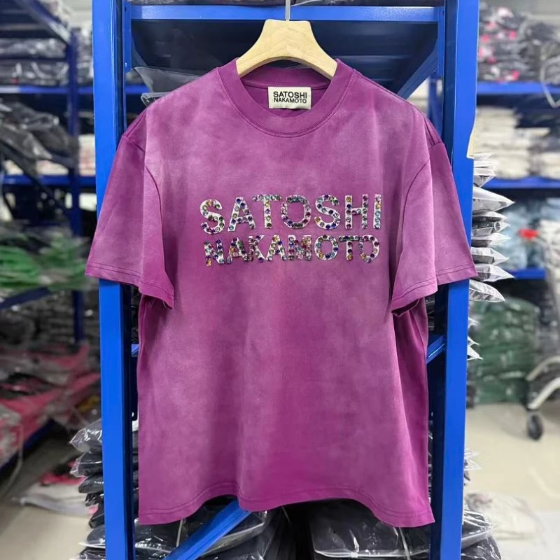 Satoshi Short Sleeve Studded Letter Logo Cotton Men Women High Quality Breathable Street Tshirt