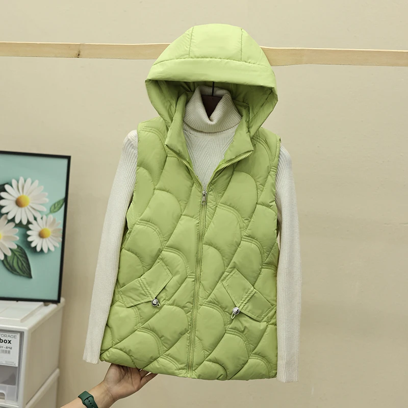 

Autumn Winter ort Women's down Cotton Vest Thiened Removable Hat Jaet Large Size Outerwear Commute Sle Zipper Closure