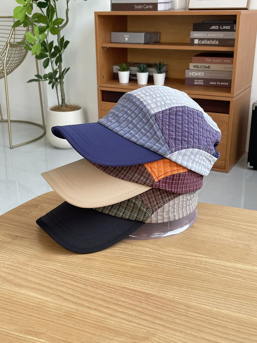 Five-panel checkered patchwork breathable baseball cap for women, retro outdoor sunshade duckbill cap for men