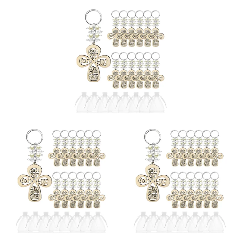 ABWR-60Pcs baptême faveur porte-clés croix en bois porte-clés baptême bois conception porte-clés avec sac pour première Communion