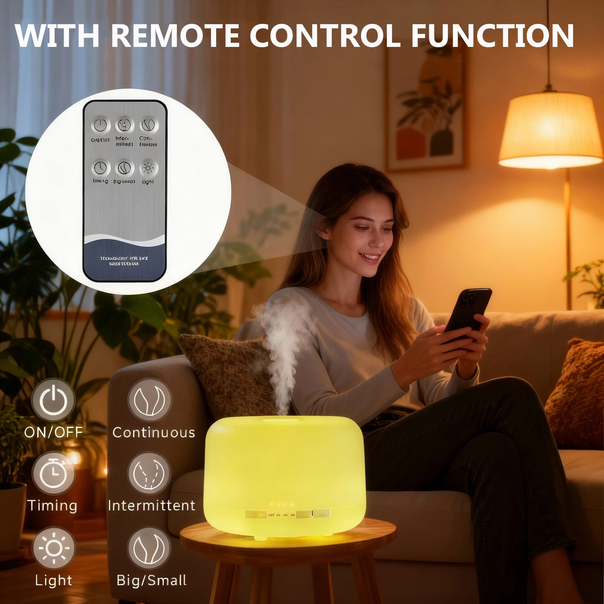 500ml Ultrasonic Air Humidifier Bedroom Aroma Diffuser with Remote Control, Auto-off and 7 Colors Light Bedside Table Light