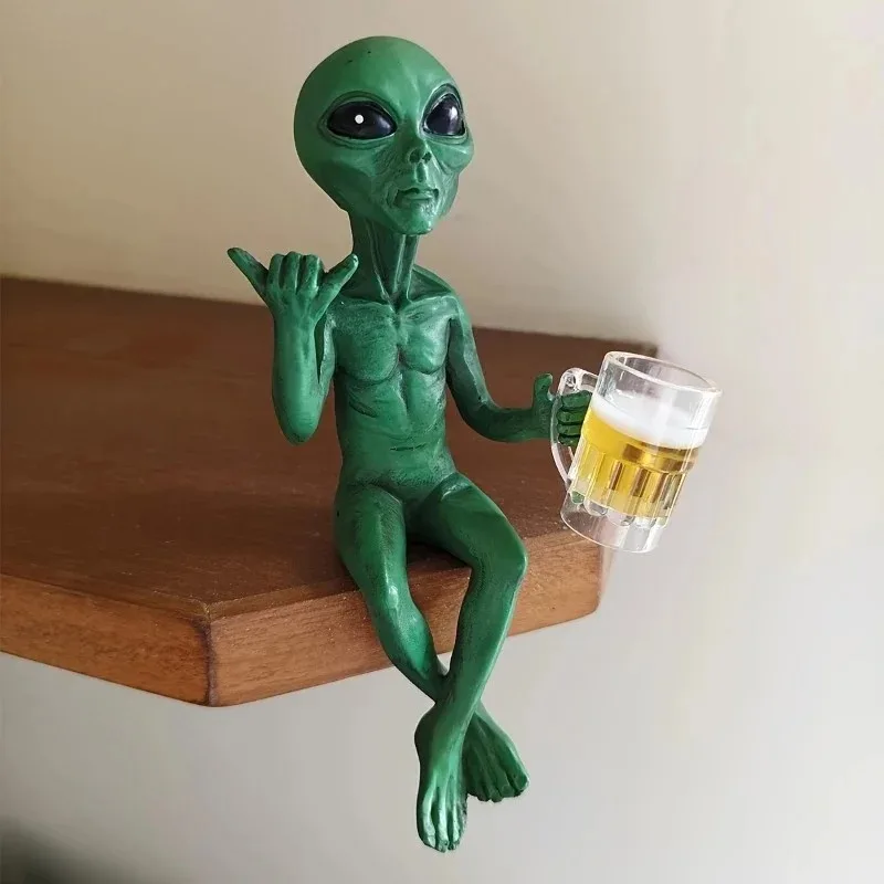 *Resin Green Alien Holding Beer Glass Statue Themed Indoor/Outdoor Desktop Shelf Decor Quirky Decor Themed Decor Home Decorators