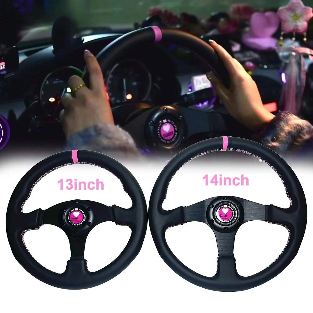 

JDM Pink Racing Girl/Boy Steering Wheel Leather 13inch 14inch 320mm 350mm With Heart Horn Button For BMW Audi Golf Passat