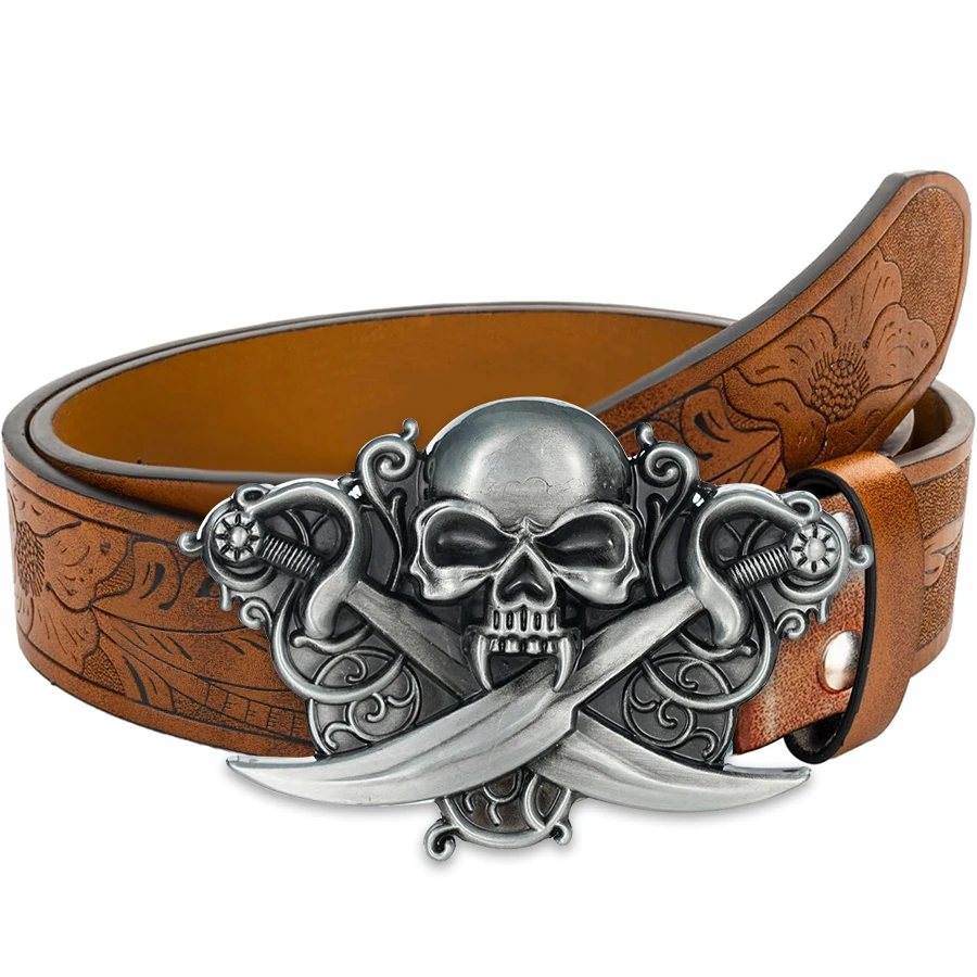 Skeleton Knife Belt Exquisite Carved Large Plate Buckle Alloy Buckle for Men and Women - Irregular Pattern Carved Flower Long Ho