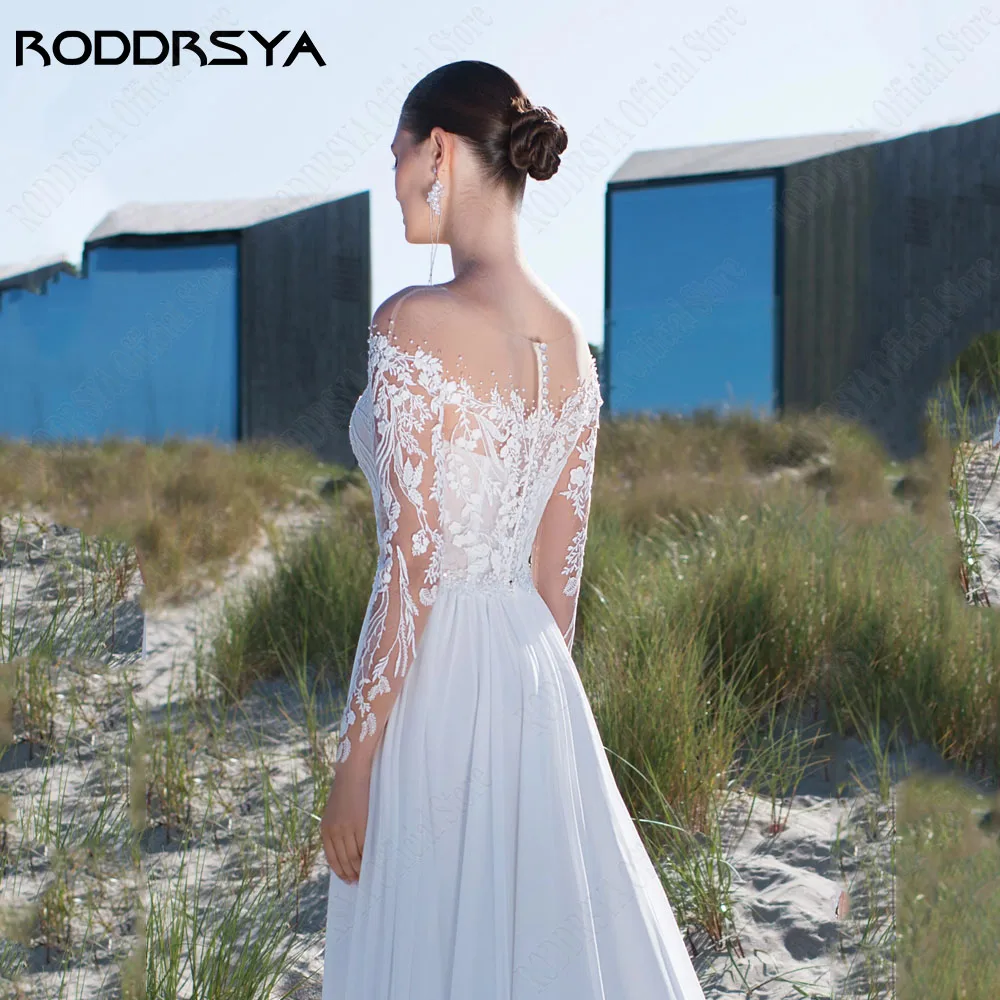 RODRSYA Civil Sheer Maniche Lunghe Pizzo A-Line Abito da sposRODDRSYA civile Sheer maniche lunghe in pizzo a-line abito da sposa in Chiffon con spacco laterale o-collo abito da sposa in pizzo Applique vestidos de novia