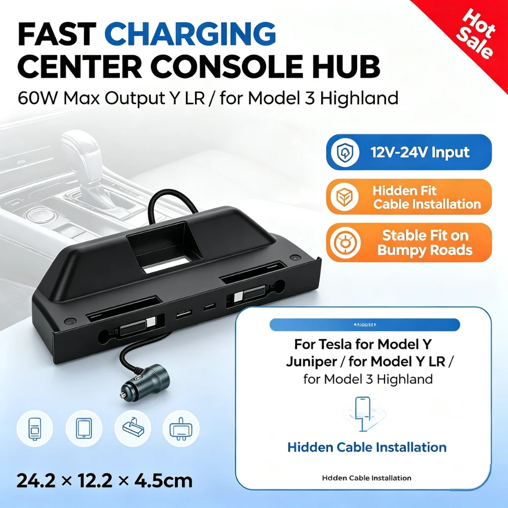 Center Console USB Hub Car Charger Multiple Ports Type C USB A Fast Charging For Model Y Juniper/ LR / for Model 3 Highland