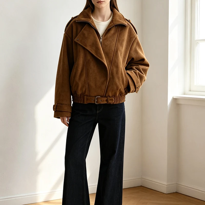 Women Faux Suede Cropped Coat Lapel Collar Epaulets Elastic Hem Buckle Strap Loose Fit Coat Vintage Casual Ladies Outerwear