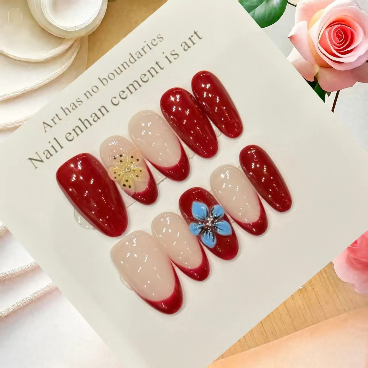 

10CS Handmade Press On Nails 3D Carving Red French Blue Floral Fake Nails Elegant White Enhancer With 4-PIECE Tools AdhesiveTabs