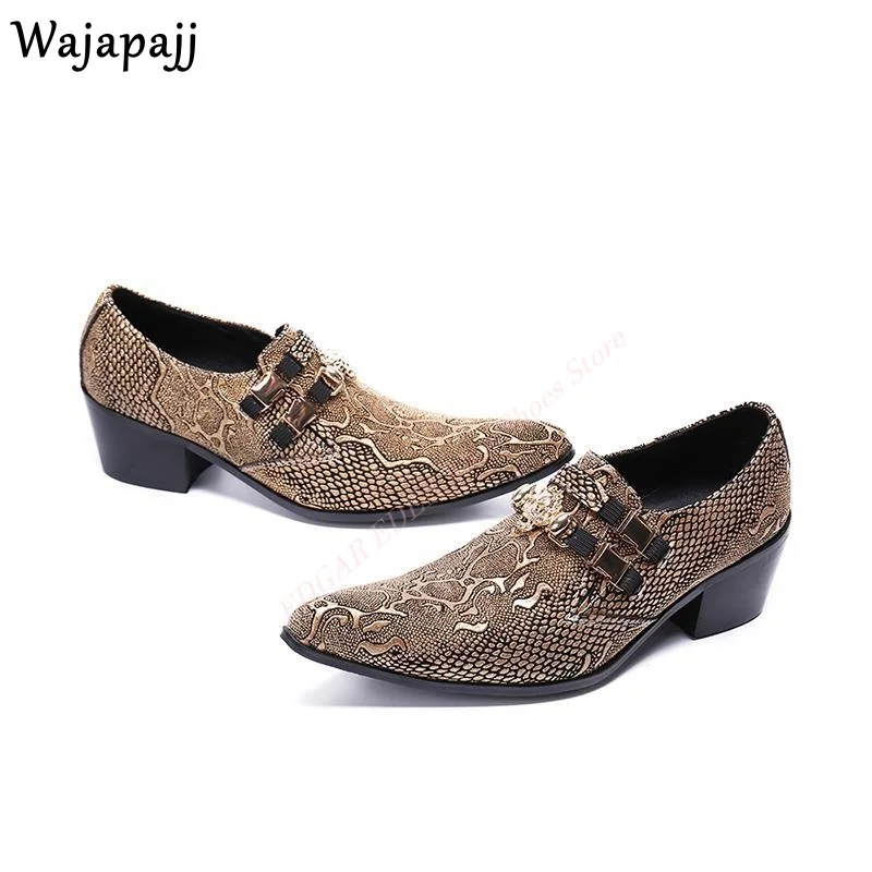 Spring Autumn Men Retro Metal Pointed Toe Leather Shoes Crocodile Print Slip On Buckle Strap Men Party Wedding Leisure Shoes