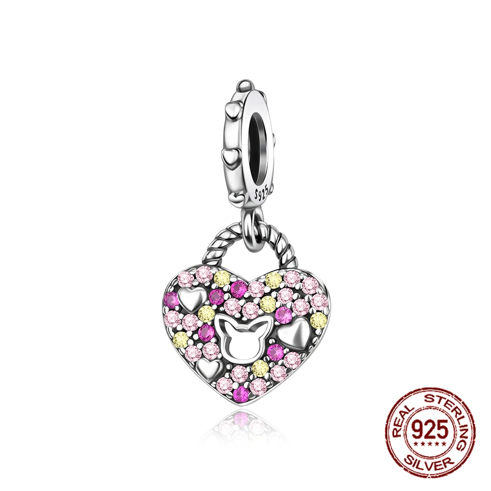 925 فضة الوردي مخرم هريرة الزركون القلب قفل قلادة سحر صالح الأصلي سحر أساور النساء DIY مجوهرات هدية #1