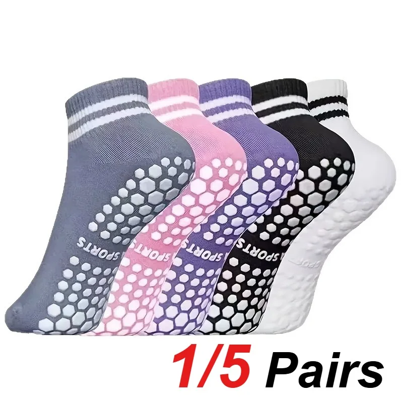 1/5 paires de chaussettes de yoga Pilates antidérapantes en silicone pour femmes, absorbant la sueur, respirantes, décontractées, pour la danse, le fitness, toutes saisons, chaussettes de sport
