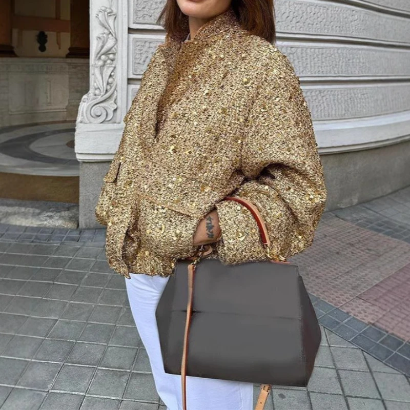 

Tweed Vintage Sequin Jacket Women 2025 Autumn Winter Golden Elegant Off Shoulder Waist Long Sleeve Coat