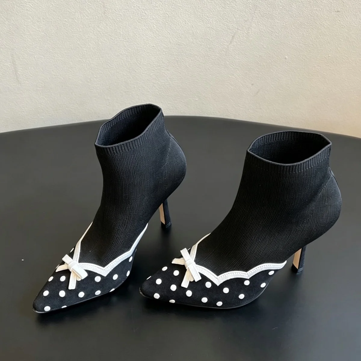 Pointy Round Toe Polka Dot Sock Booties Bow Decor Closed Fitting Stiletto High Heels Ankle Booties Autumn Sexy Women Shoes