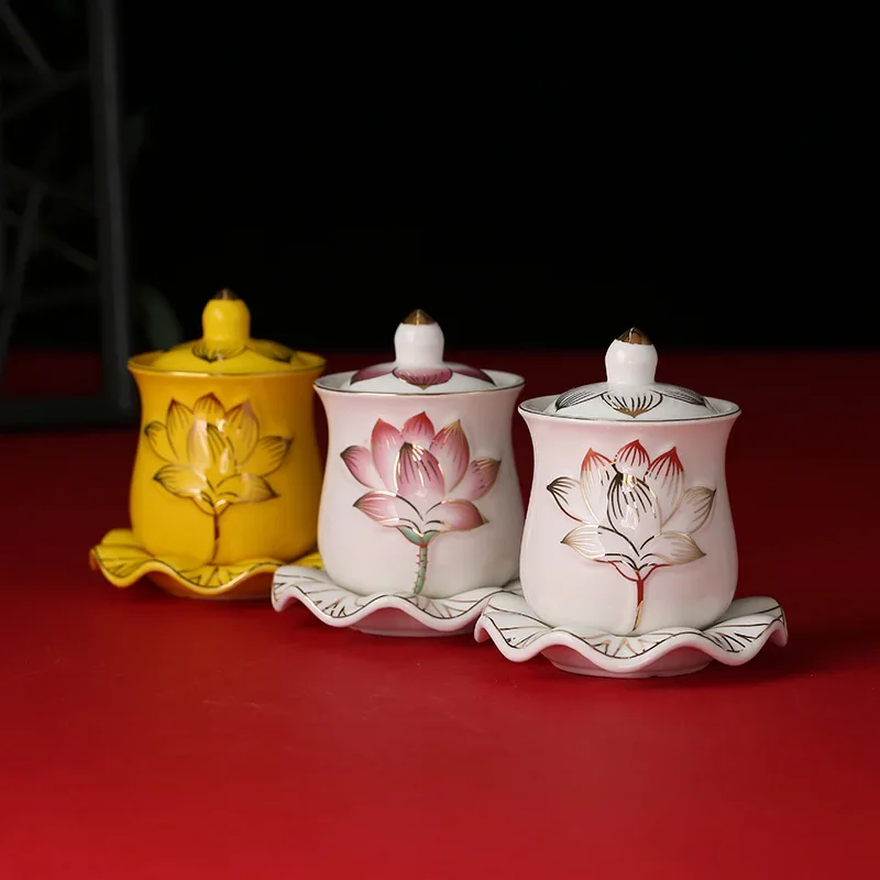 Lotus Cup Relief Ceramic Tea Cup, Guanyin Cup with Lid, Water Cup for Buddha, Wealth Attracting Tea Set, Coffee Table Decoration