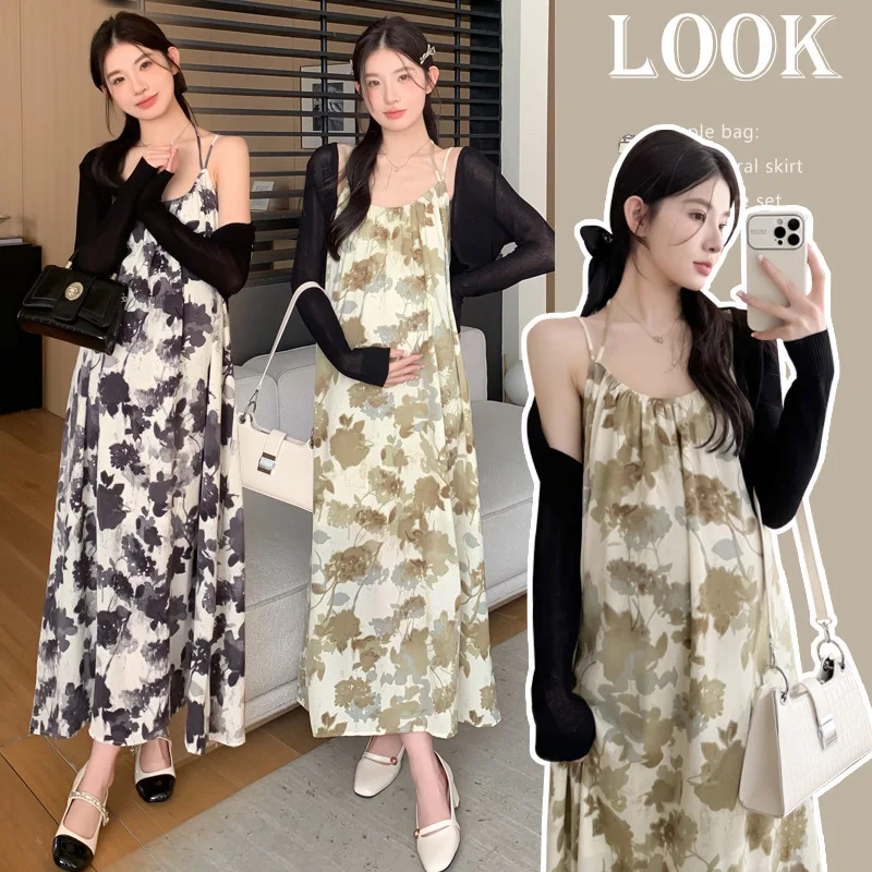 

2025 Summer Maternity Set Floral Chiffon Sundress with Matching Cover Up Lightweight Two Piece Pregnancy Outfit Comfortable