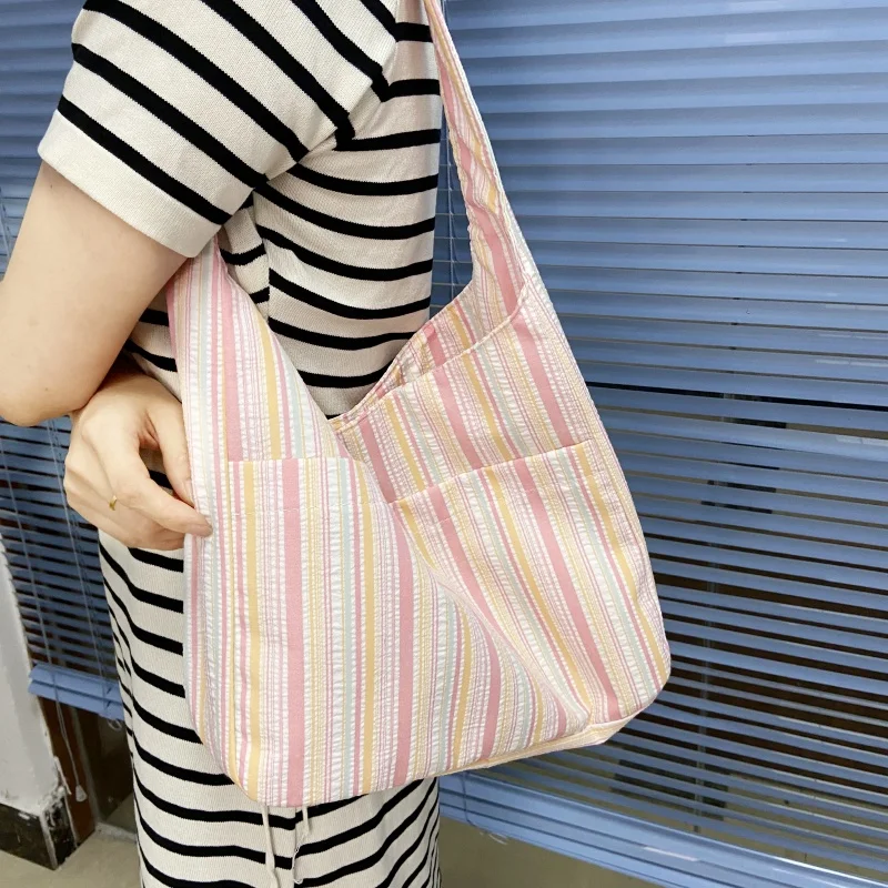 Fashionable and High Appearance Striped Handbag Fresh Sweet Girl Shoulder Bag Casual Commuting Outgoing Tote Bag