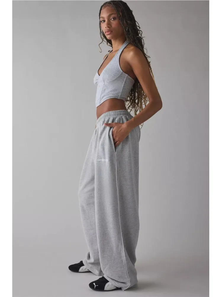 Spring Autumn New Pink Embroidered Casual Pants For Women Loose And Comfortable Straight Elastic Waist Trousers 2026