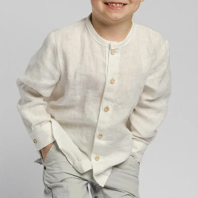 Retro Linen Long Sleeves White Shirt With Wooden Buttons For Boys Spring New Toddler Kids Casual Cotton And Linen Shirts TZ428