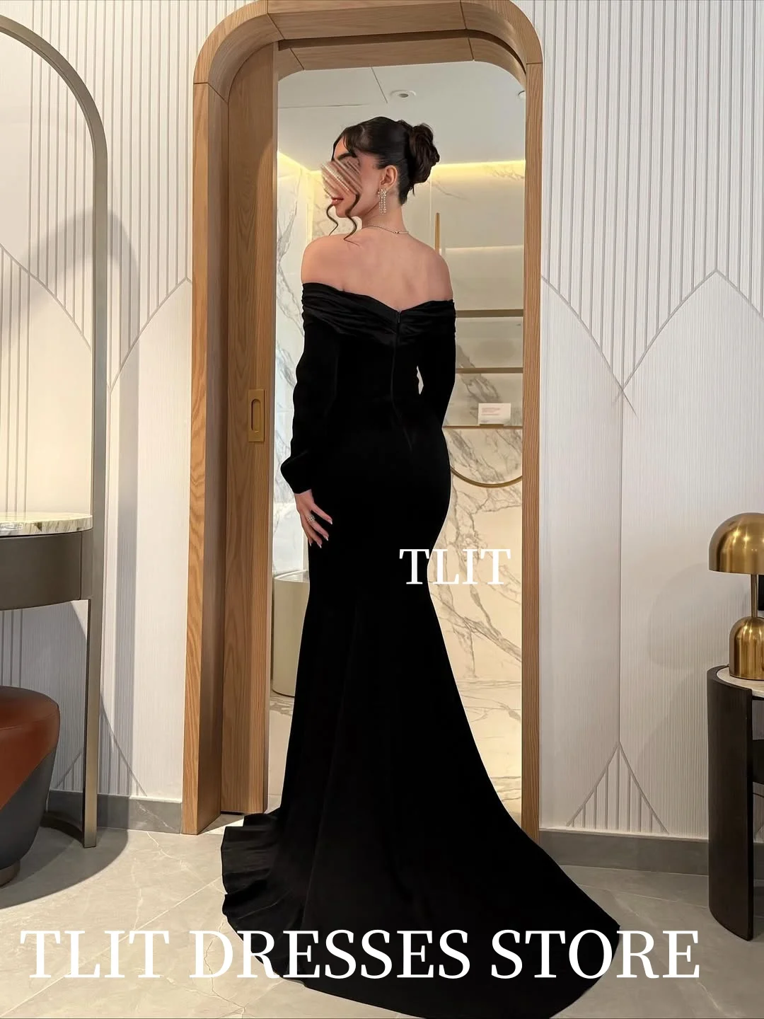 TLIT élégant dentelle noire en mousseline de soie sirène robes de soirée personnalisé فساتmaveraépaules dénudées manches longues robes de bal