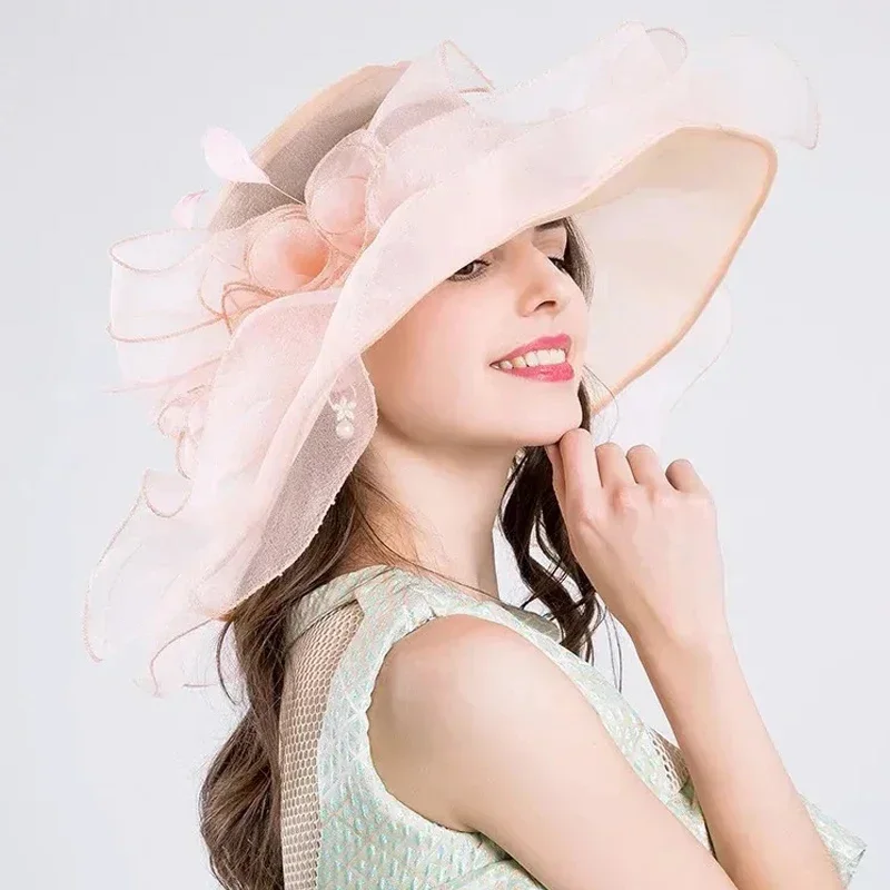 Women's Sheer Organza Wedding Hat with Wide Brim & Veil - Elegant Kentucky Derby Church Hat for Bride, Mother of Groom, Formal P