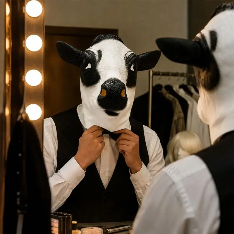 R7UF Adult Cow Costume Mask Latex Full Head Animal Head Mask for Role Play, Costume Parties, Halloween Fun, and Photo Booth