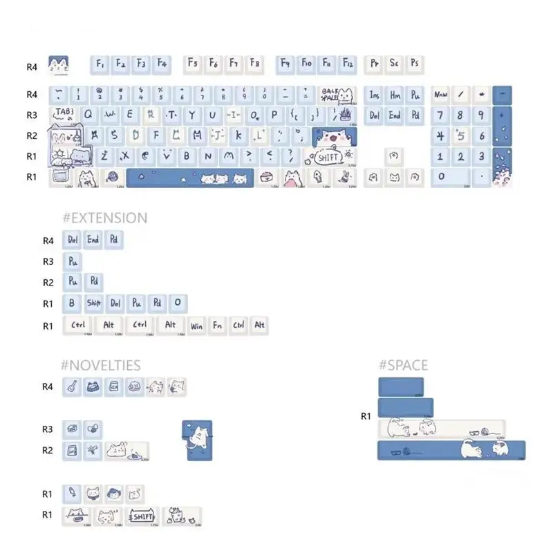 

Колпачки для клавиш ZUOYA 147 клавиш MDA, синий Мяу, мяу, тема PBT, односторонняя сублимация тепла для переключателя MX, подходит для клавиш 61/68/87/96/104/108