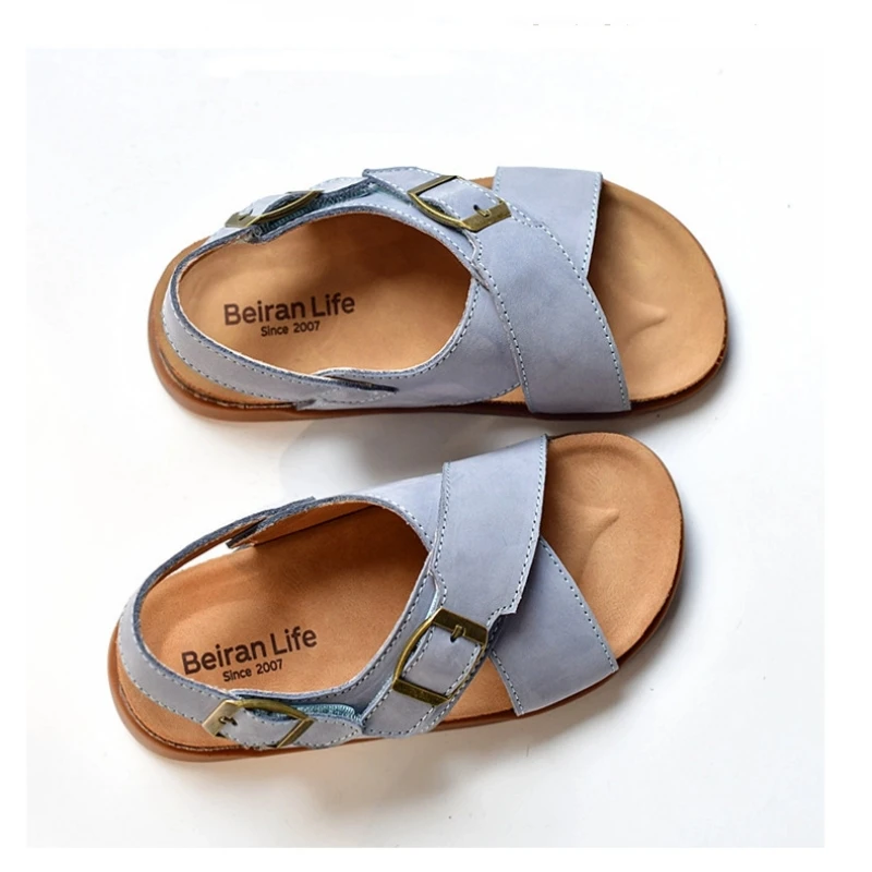 Summer High Quality Cowhide Children's Shoes Soft Wooden Midsole Genuine Leather Baby Girls Sandals Travel Beach Shoes