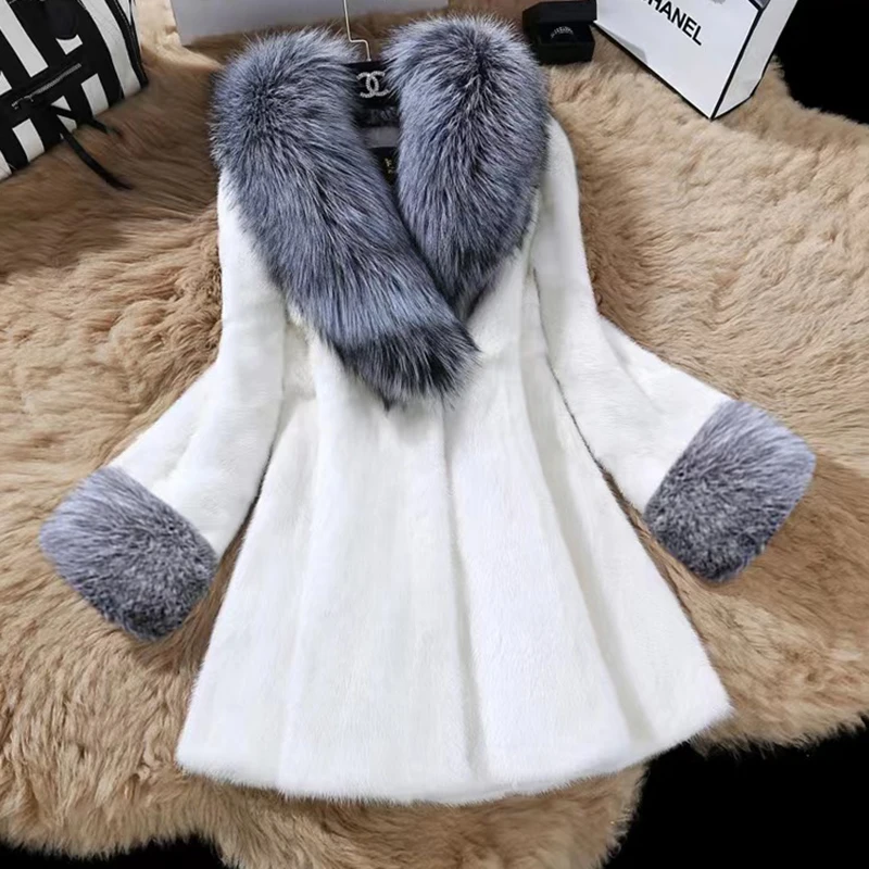 New Faux Fur Women's Overcoat Jacket Elegant Style Solid Color Fur Collar Splicing Nine-quarter Sleeves Pocket Jacket For Women