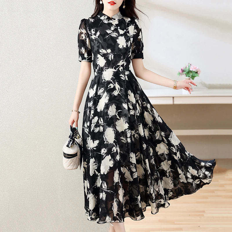 Women Chiffon Cheongsam Long Dresses Summer Female Stand Collar Short Sleeve Large Size M-3XL Elegant Black Printed Pleated Robe